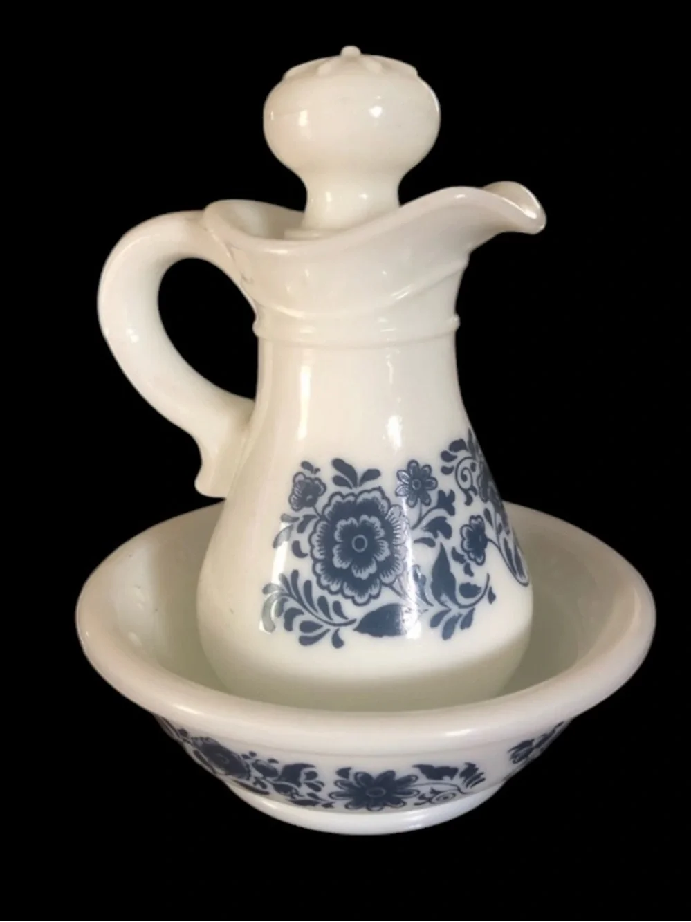 Vintage White & Blue Milk Glass Pitcher & Bowl